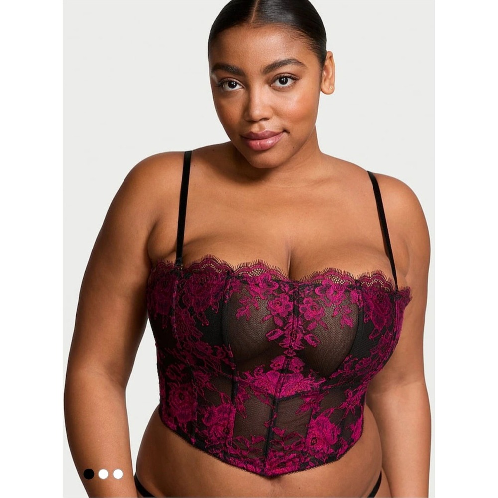 Victoria's Secret Black Pink Lace Floral Corset Bustier Top‎ Size S